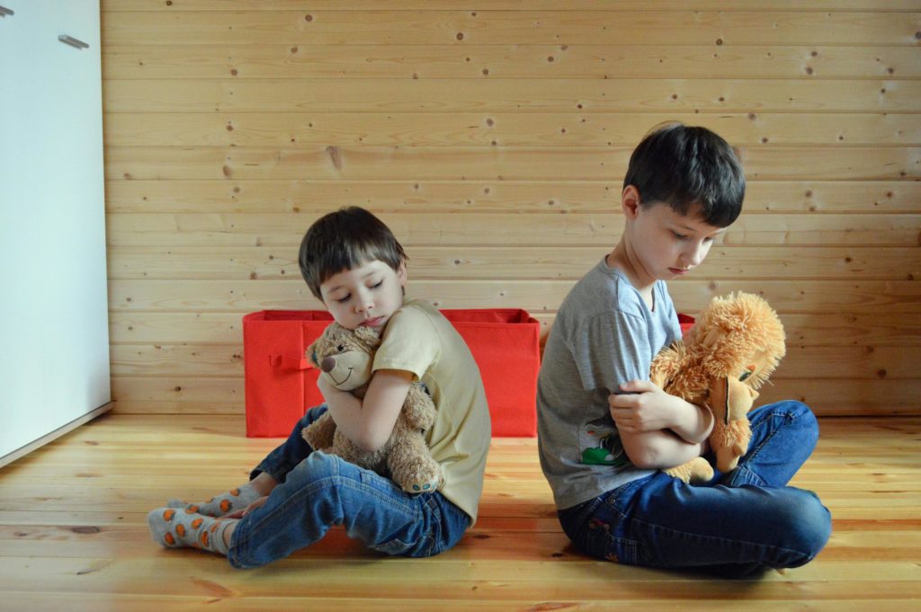 deux enfants fâchés avec leur doudou dans les bras qui se tournent le dos après une dispute